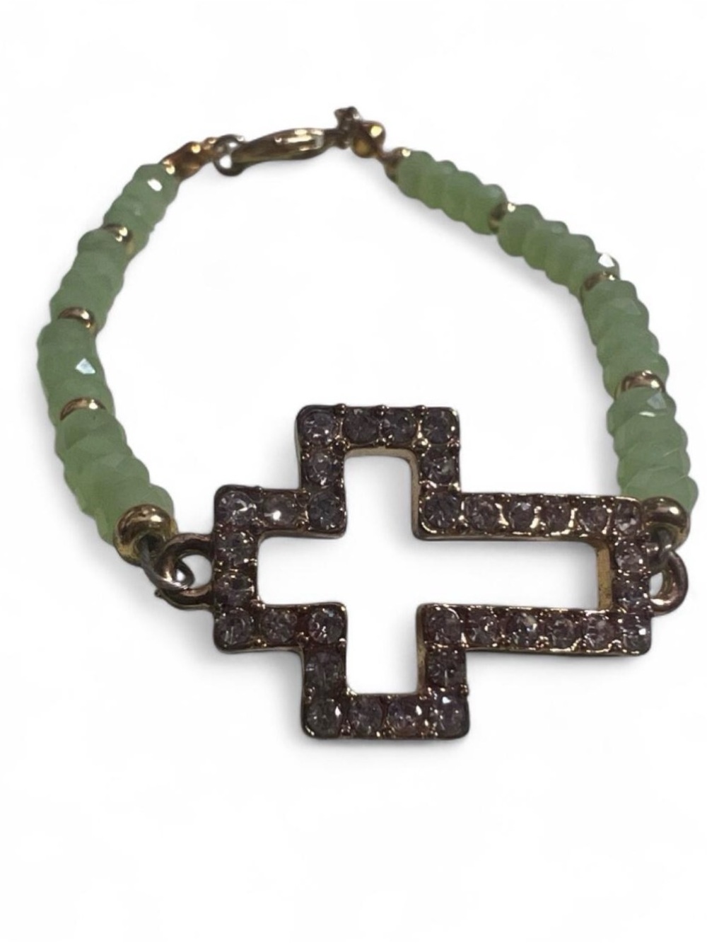 Green Beaded Cross Bracelet with Crystal Accent